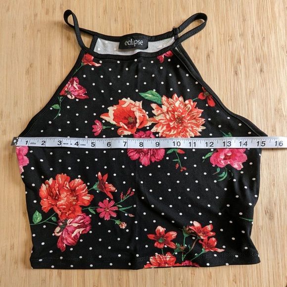Floral Tank Top with polka dots Black and Pink spaghetti strap Crop Size Medium - Picture 6 of 10